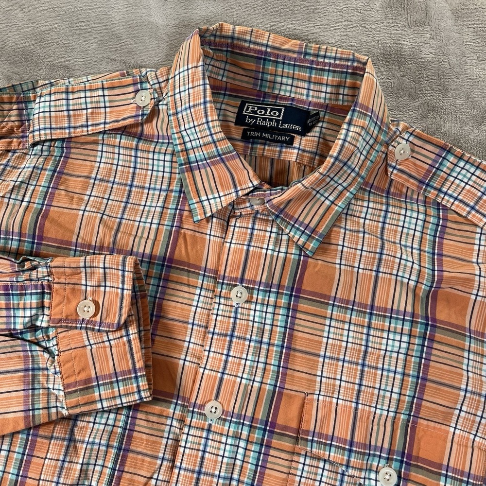Polo Ralph‎ Lauren Trim Military Shirt Men's XL Orange Plaid *FLAW*